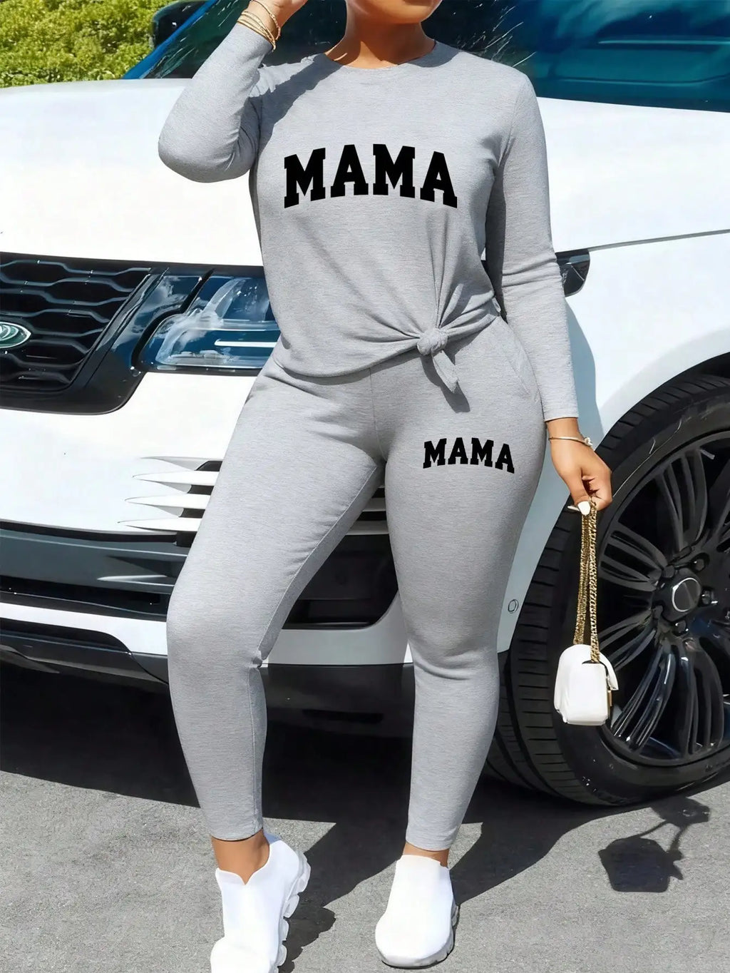 2026 Women's Casual Two Piece Set round Neck Long Sleeve Top Solid Color Printed Leg Tight Pants Outfit