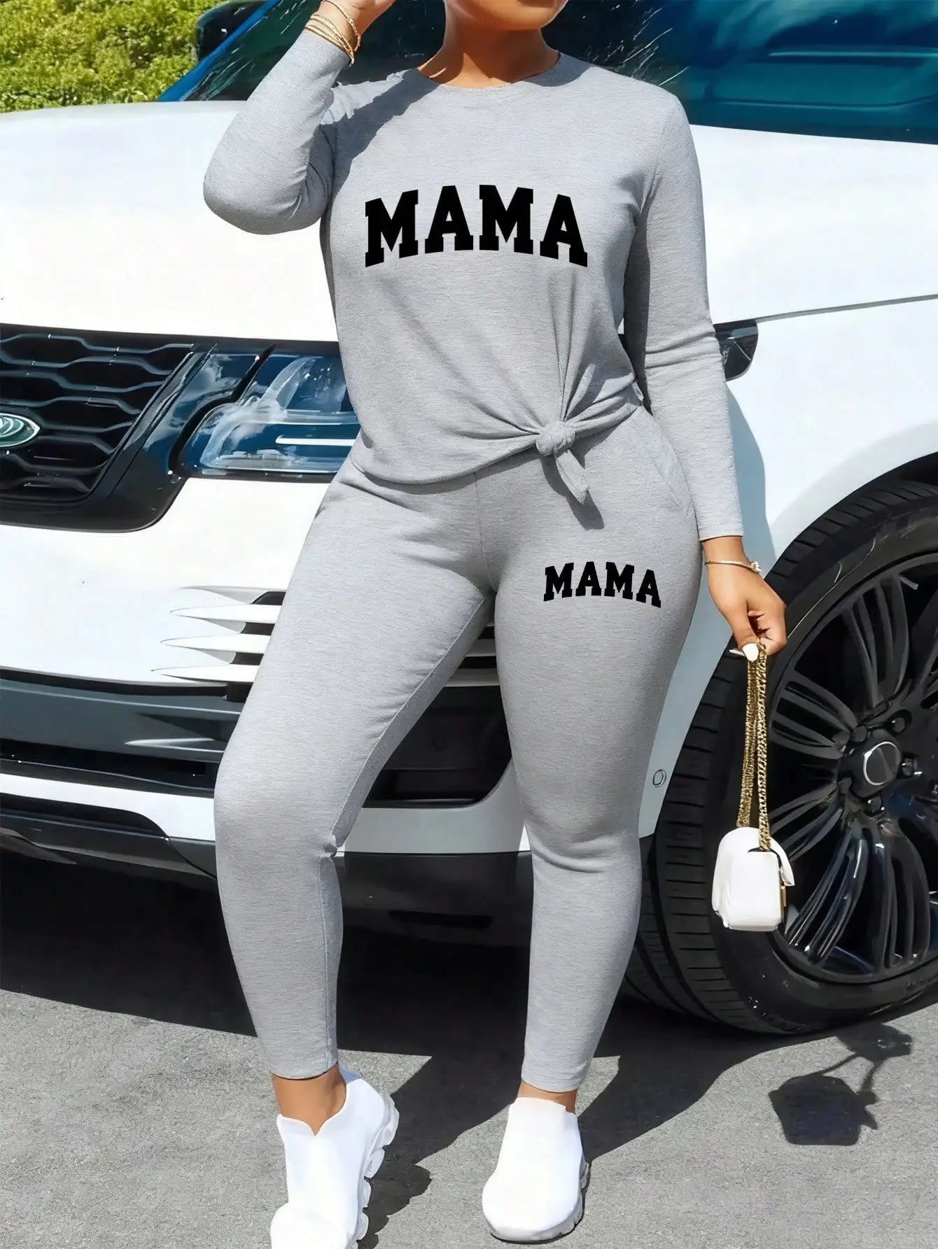 2026 Women's Casual Two Piece Set round Neck Long Sleeve Top Solid Color Printed Leg Tight Pants Outfit