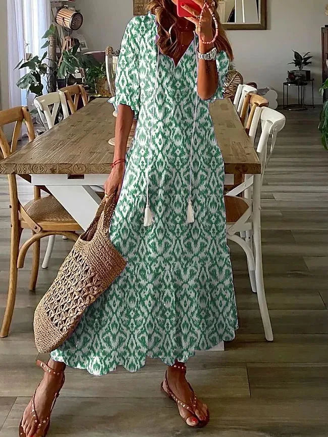 FALL Summer New 2026 Women's Casual Sweet Loose Sexy V-neck Drawstring Fashionable Printed Long Sleeved Boho Bohemian Dresses