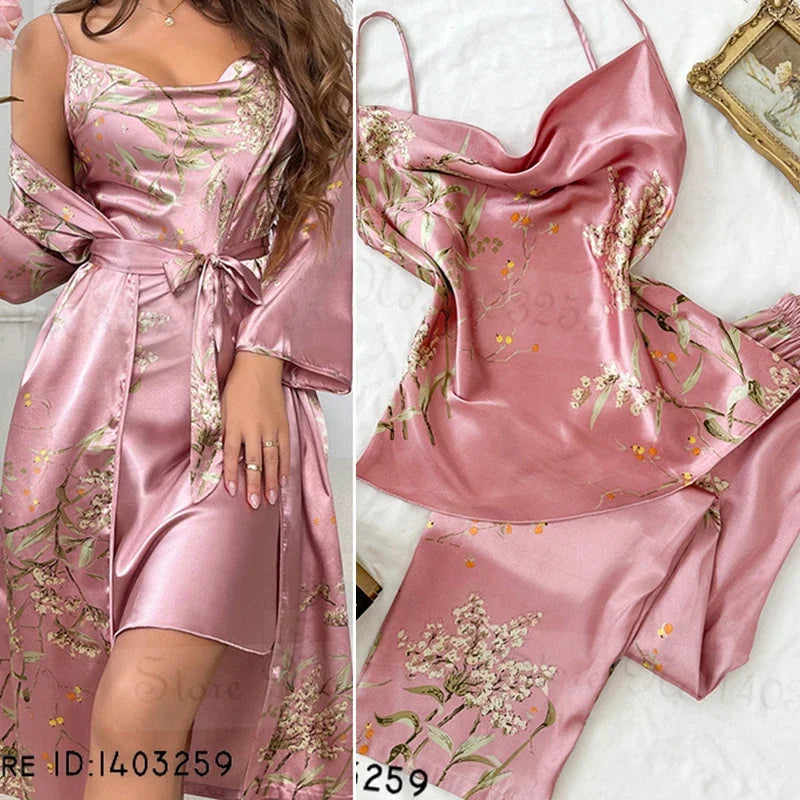 Women 4PCS Pajamas Kimono Bathrobe Nightgown Print Cherry Flower Trouser Suit Sleepwear Loose Satin Home Wear Pyjama Pour Femme