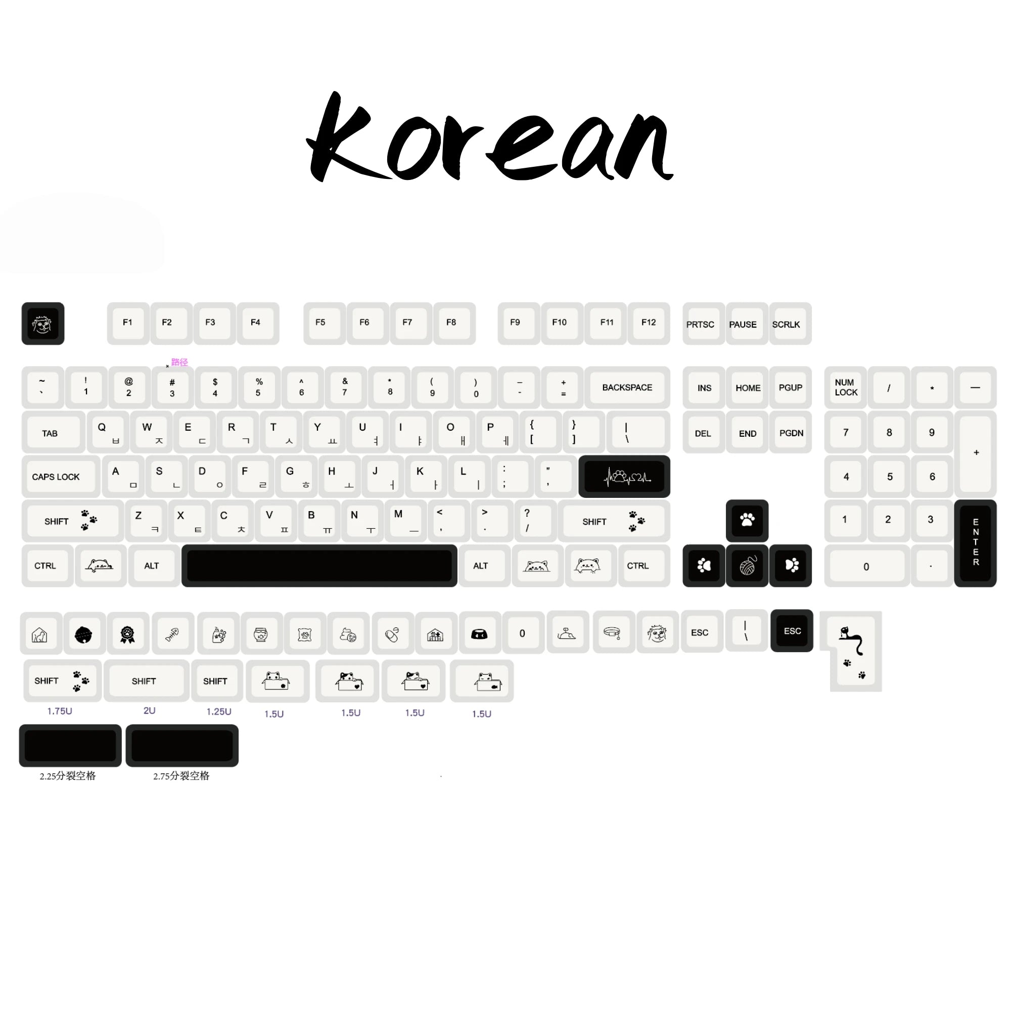 Strange Cat Cute Keycap English/Russian/Korean PBT MOA Minimalist Black and White Keycaps Lovely Kitten Mechanical Keyboard Caps