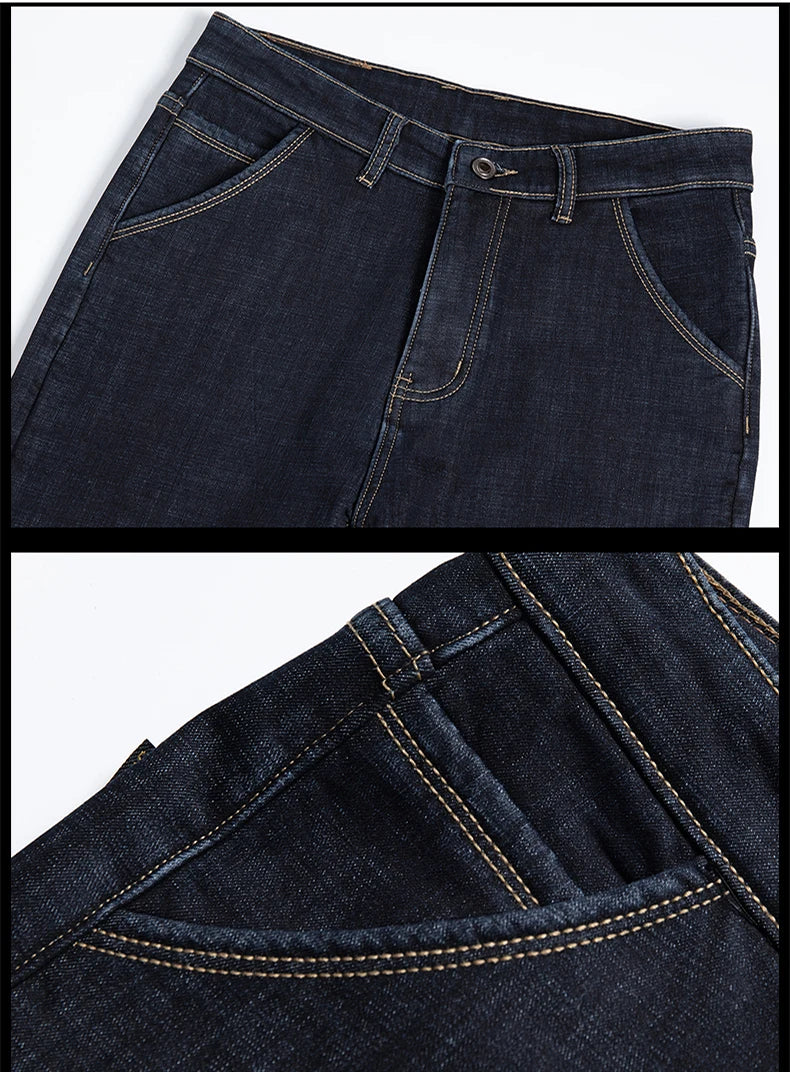 Men Winter Fleece Warm Jeans Brand 2024 Fashion Business Pants Retro Classic Denim Trousers Autumn Casual Stretch Slim Jeans Men