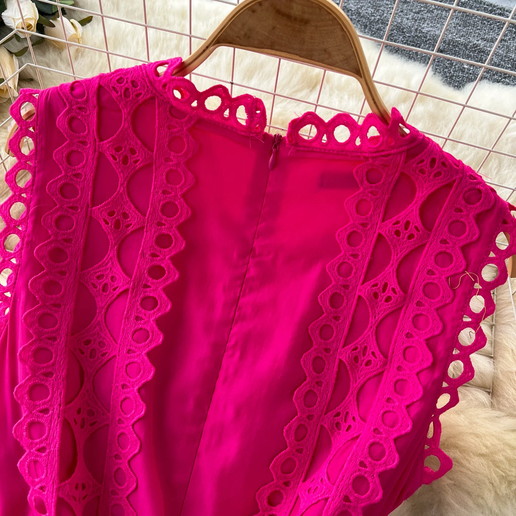Sexy Hollow Out Embroidery O Neck Sleeveless Bandage Long Dresses Chic Evening Party Summer Vestidos Women Hip Wrap Clothing