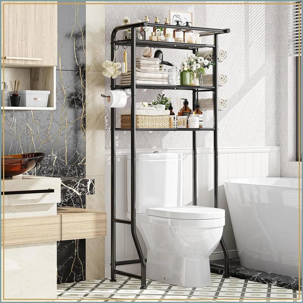 3-Tier Over Toilet Storage Cabinet, Metal Bathroom Shelf with Paper Holder & Hooks, Black