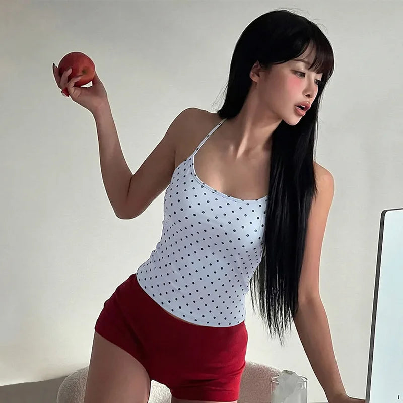 Fashion Polka Dot Halter Neck Tank Top Women Slim Fit Thin Strap Sleeveless Casual Summer Camisole
