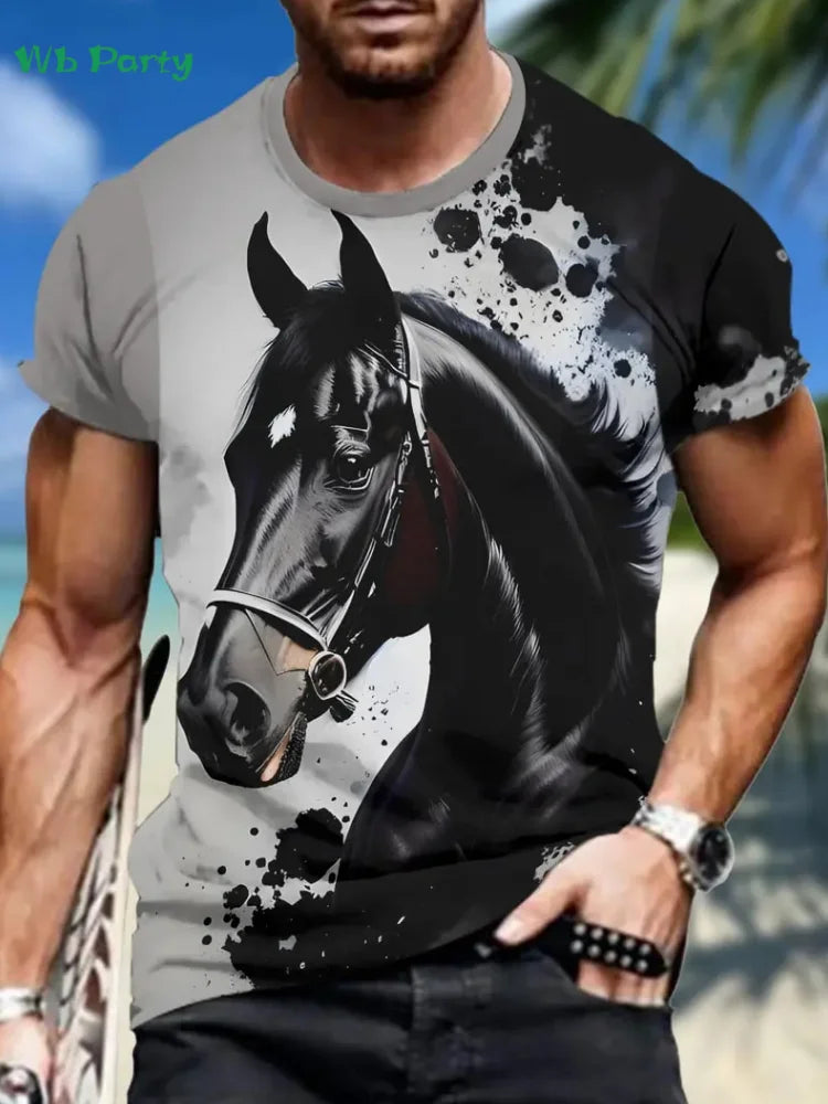 New Horse T-Shirts for Men Summer Outdoor Men Short Sleeve Animal Print Breathable Men's Clothing Fashion Round Neck Men's Tops
