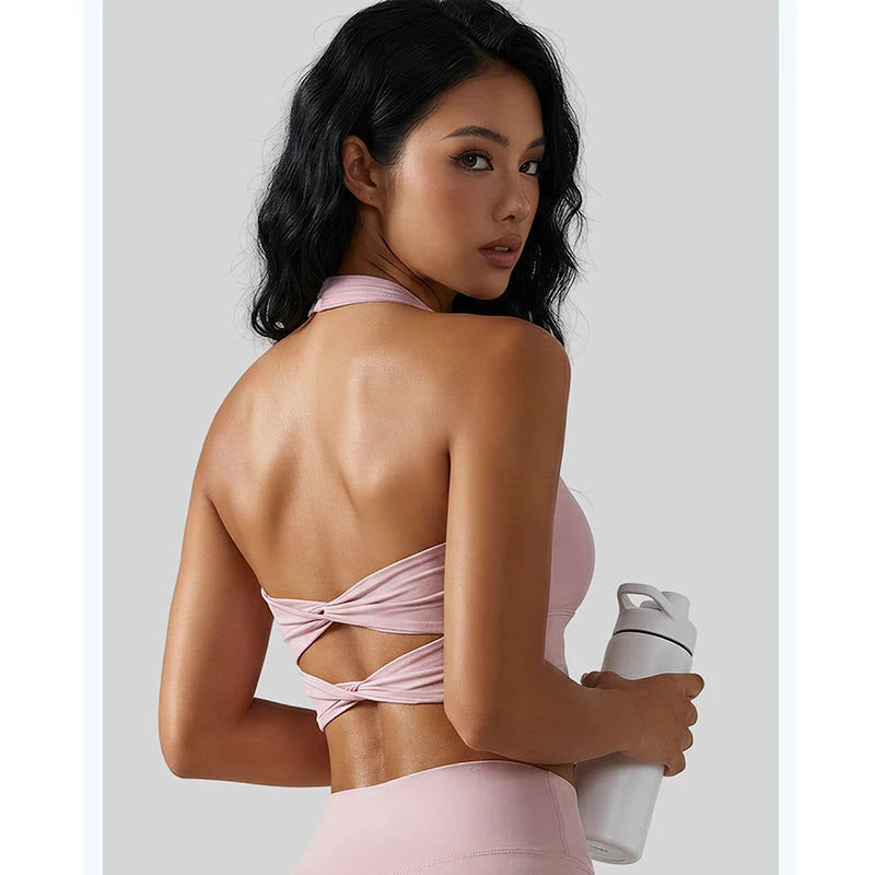 Fashion Neck Hanging Yoga Vest Women Stretchy Racerback Sports Vest with Fixed Built-in Pads Shockproof Push Up Yoga Apparel