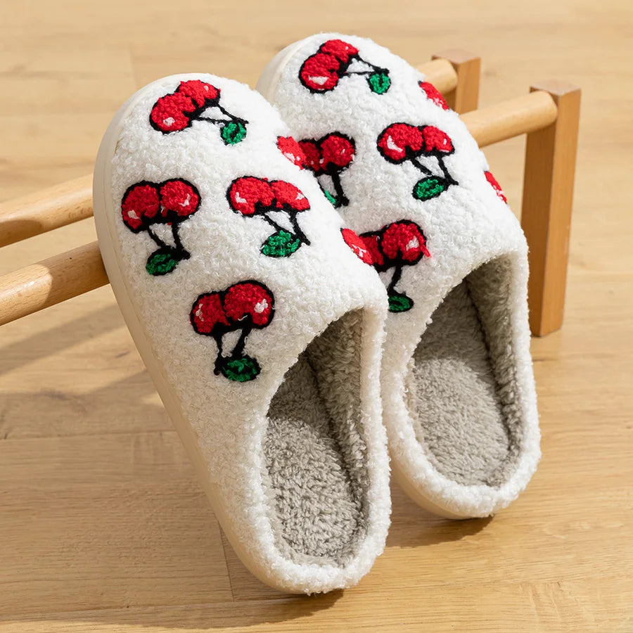 Cute Avocado Women Slippers Winter Warm Indoor Fruit Cartoon Funny Soft Non-slip Slipper Cherry Strawberry Comfy Cotton Shoes