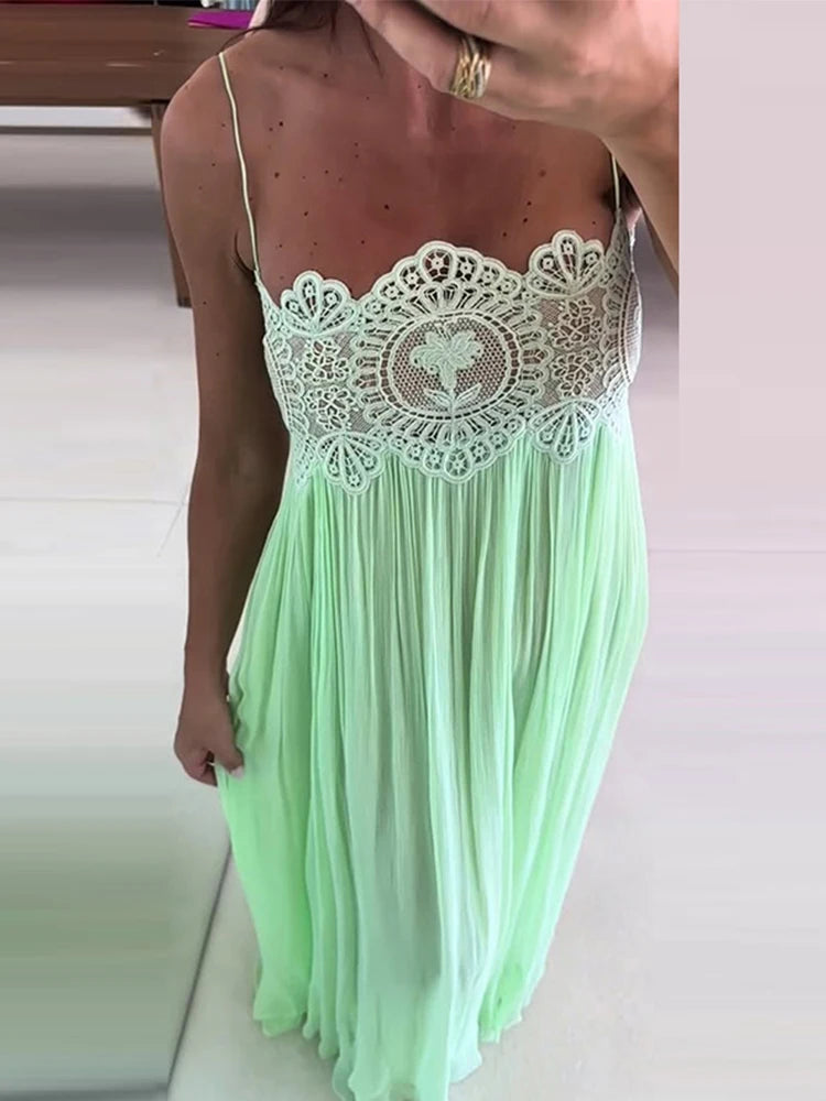 Lace Patchwork Pleated Slip Long Dress Women Sexy Spaghetti Strap Sleeveless Backless Loose Evening Dresses Chic Ladies Vestidos