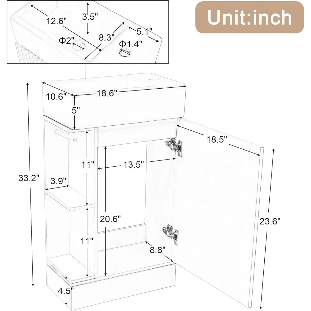 compact 18.6" wooden bathroom vanity with integrated sink, toilet paper holder, and single door storage cabinet