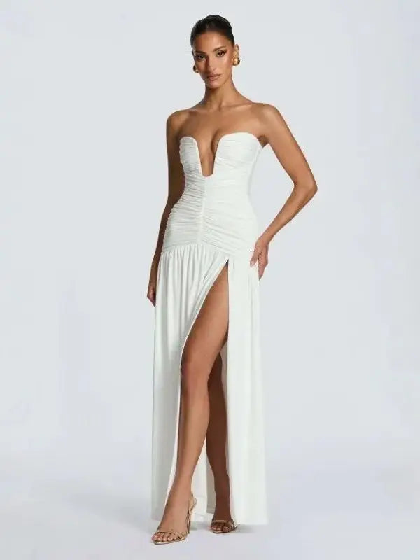 Women's Strapless Pleated High Slit Long Skirt Sexy Pure Color mid Waist Polyester Fiber V-neck Sleeveless Slim Fit Dress