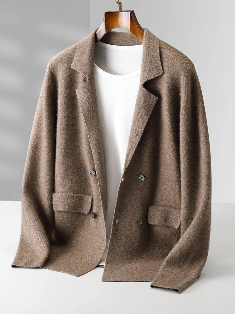 100% Merino Wool Sweater Men's Suit Collar Cardigan Smart Casual Knitwear Autumn Winter Cashmere Solid Coat Pockets Clothing Top