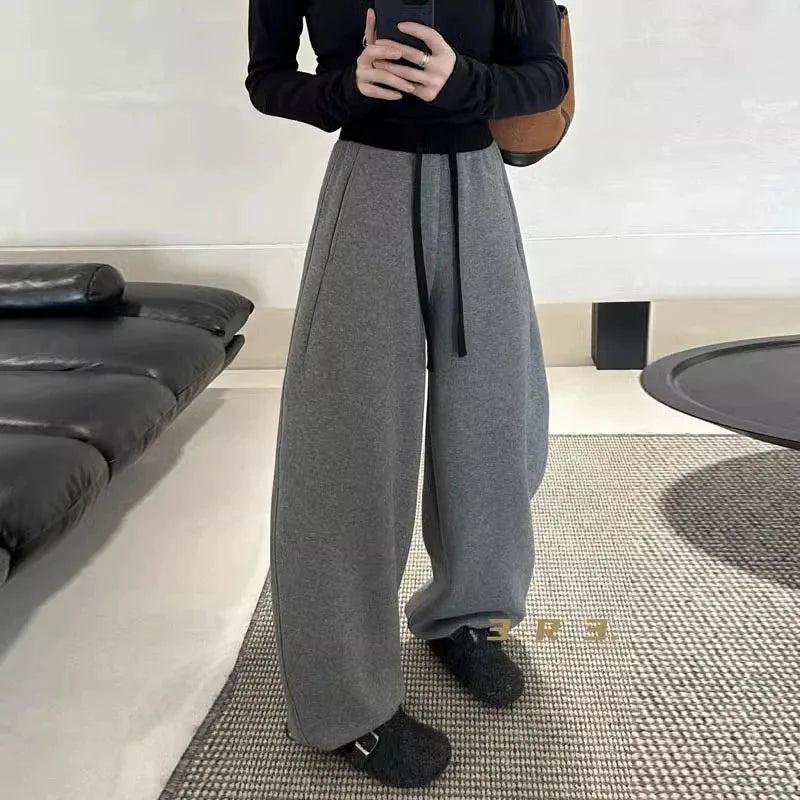 Women Drawstring Baggy Sweatpants High Waist Loose Wide Leg Curved Trousers Casual Soft Streetwear Jogger Pants for Daily Wear