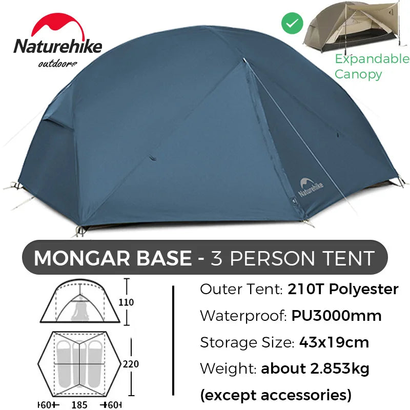 Naturehike Tent Mongar BASE/PRO/UL 1 2 3 Person Tent Ultralight Outdoor Camping Tent Waterproof Hiking Backpacking Tent Awning