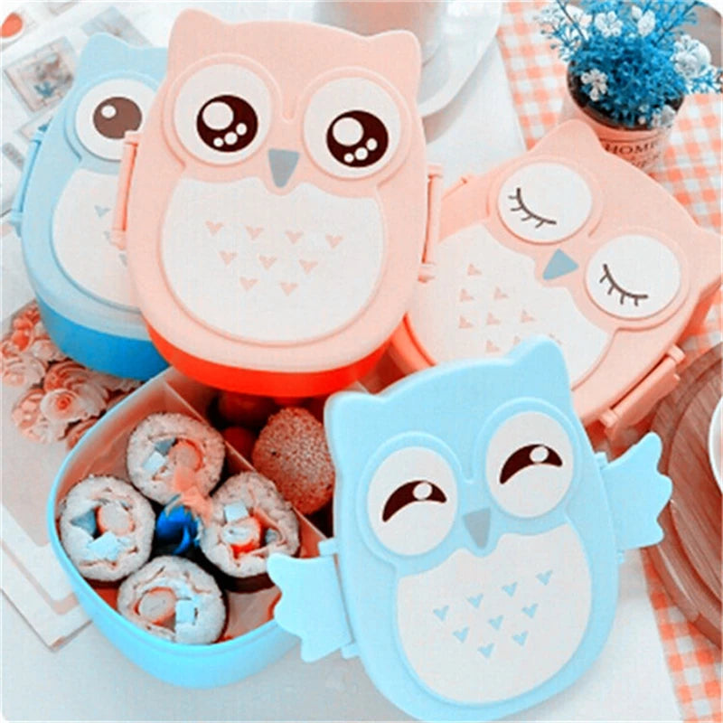 Hamburger Lunch Box Double Tier Cute Burger Bento Lunchbox Microwave Food Container Fork Tableware Set Owl Compartment