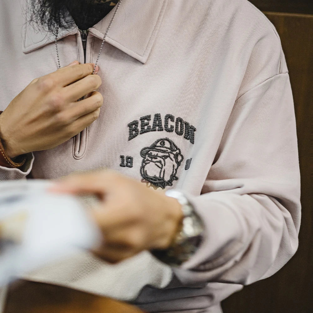 Maden Vintage Men's Long Sleeve Embroidered Sweatshirt with Letters Half-open Front Casual Hoodie Turned-up Collar for Spring