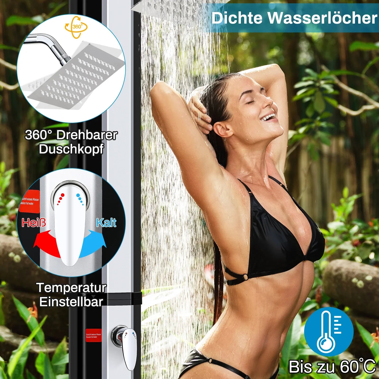 60L Freestanding Outdoor Solar Heated Shower,Outdoor Pool Showers for Outside,High 228cm Solar Shower Column 360° Swivel Shower