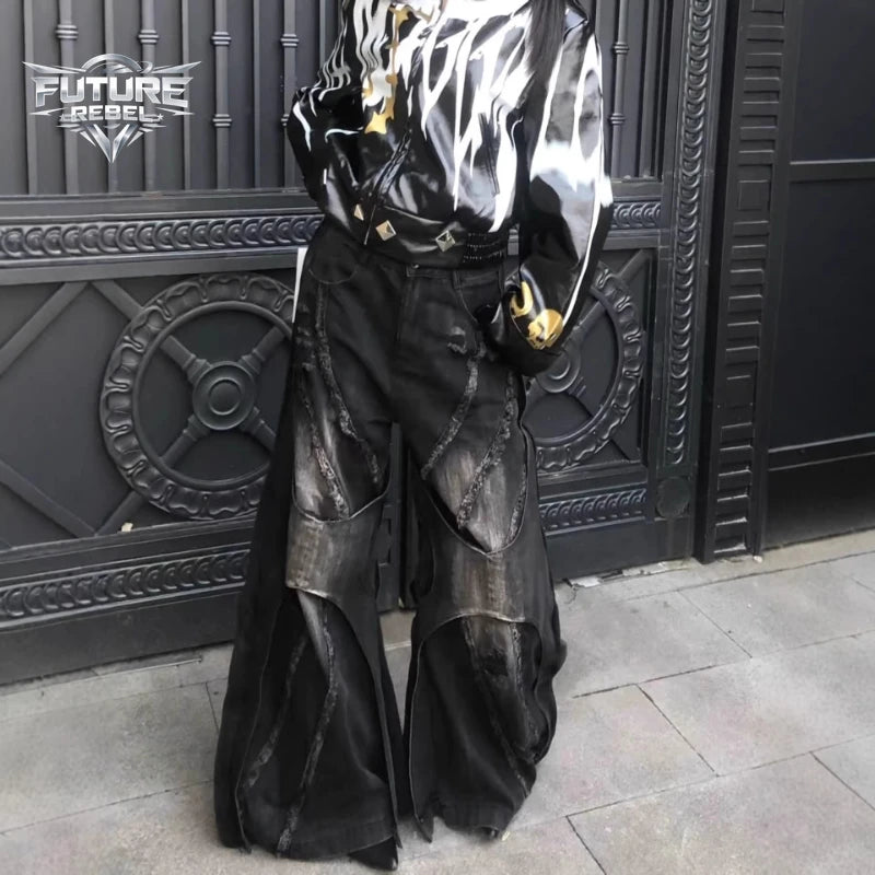 Y2K Heavy Duty Patchwork Distressed Denim Jeans Unisex Gothic Loose Flared Bell Vintage Hip Hop Washed Wide Leg Trendy Harajuku