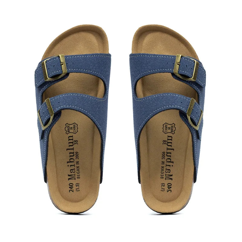 Nubuck Women Cork Slippers Summer Mule Clogs Flats Sandals Slides Casual Beach Couple Double Buckle Soft Shoes Footwear Big Size