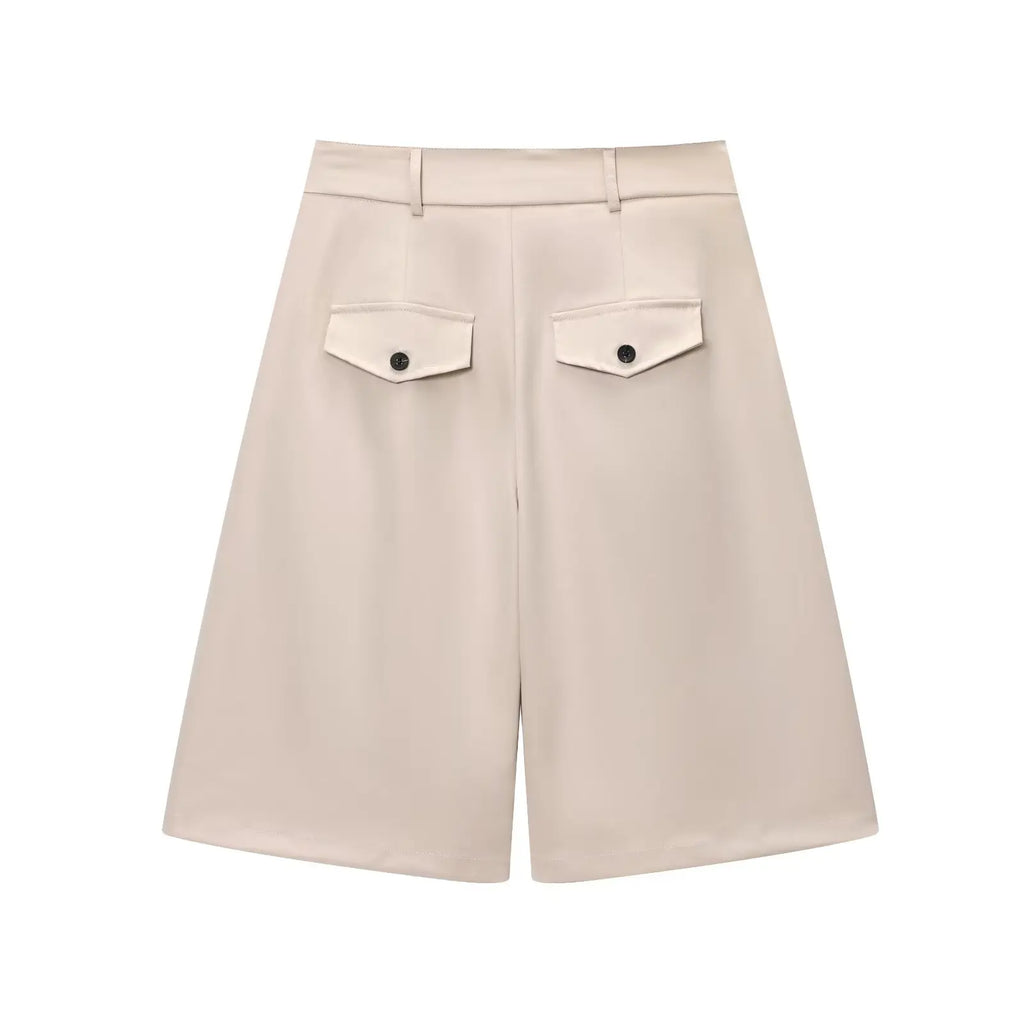 HH Women Summer Solid 2-Piece Set Button Pocket Decoration Short Sleeve Lapel Shirts+High Waist Pleated Zipper Casual Shorts
