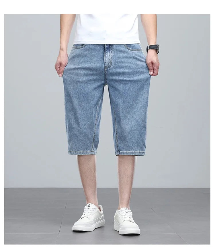 Summer men's six inch shorts over the knee thin straight tube minimalist elastic denim shorts Baggy Jeans Shorts for Men  3/4