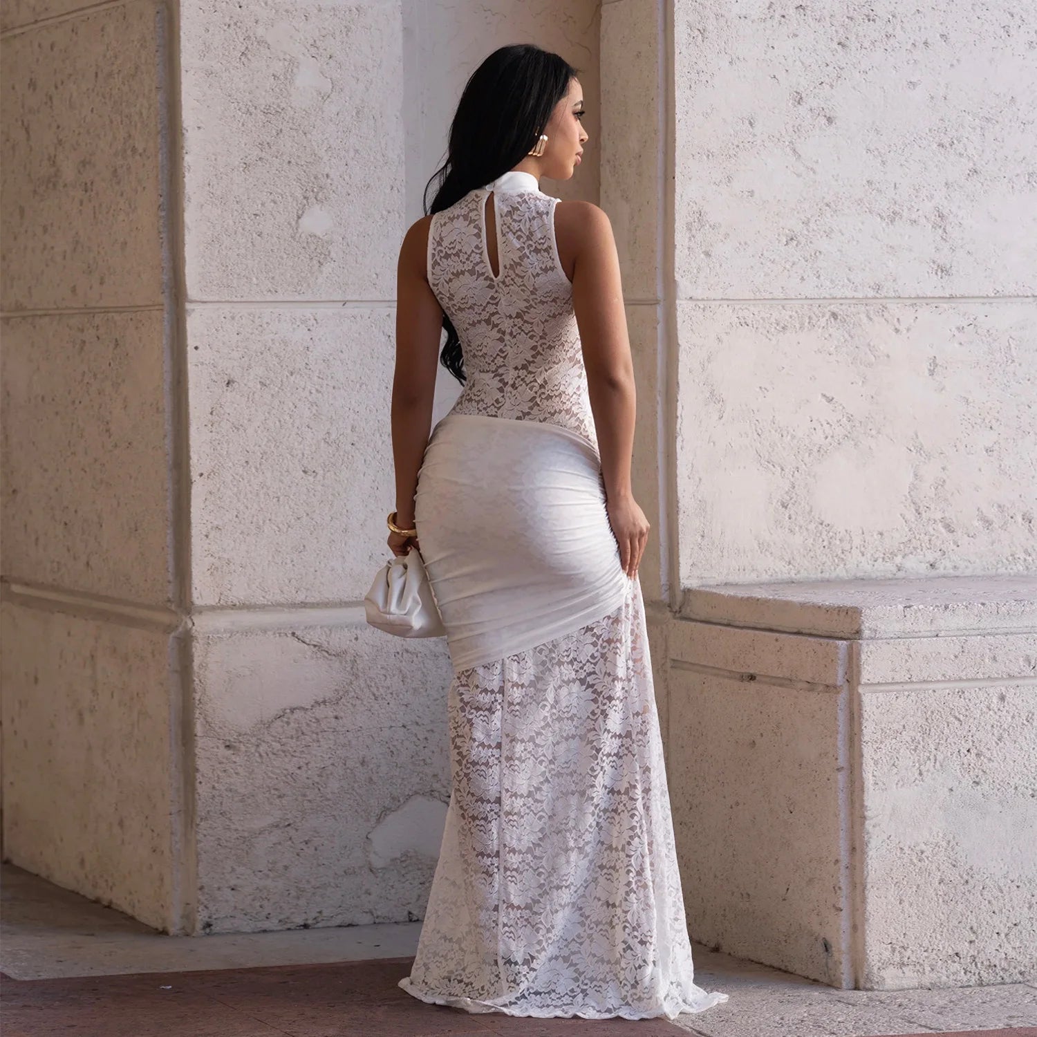 Sexy Women Lace Hollow Out Sleeveless Ruched High Split Maxi Long Dress 2026 Party Trendy Birthday Vacation Beach Dresses