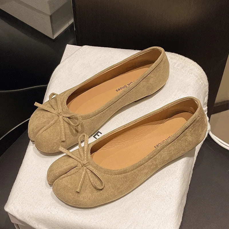 Fashion Suede Split Toe Women Bow Tabi Ballet Flats Spring Autumn Comfortable Walking Lazy Loafers Casual Girls Dance Shoes