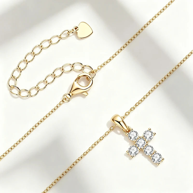 OXTAO 3mm D Moissanite Cross Pendant Necklace for Women Anniversary Gift Fine Jewelry 14K Gold Filled Charm Statement Necklace