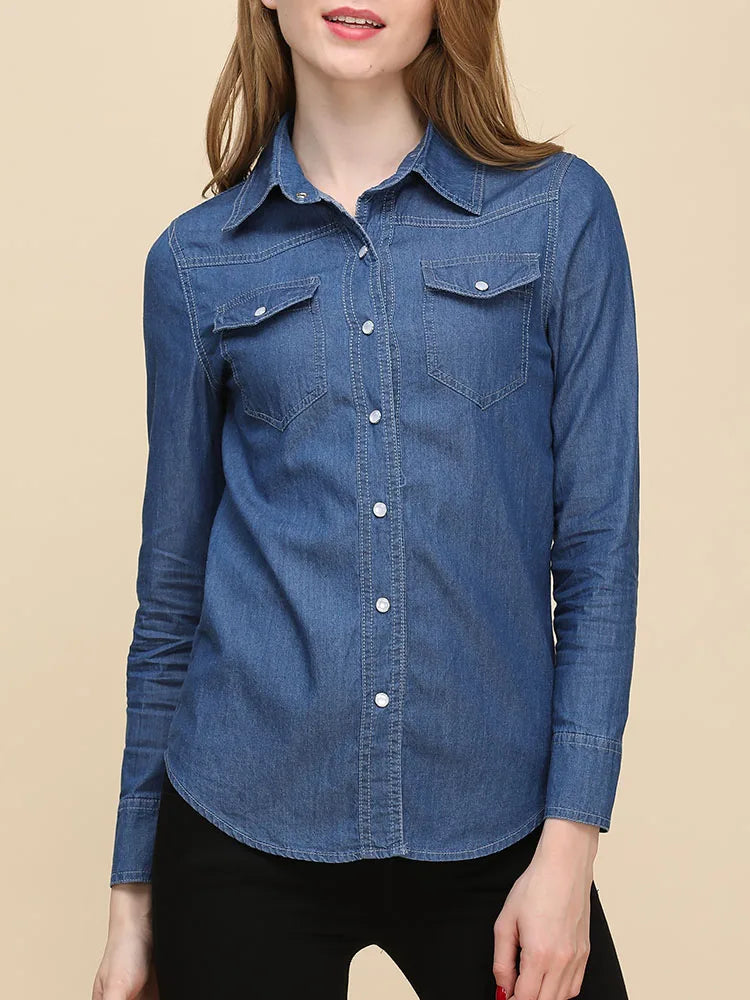 Spring 2026 New Denim Shirts And Blouse For Women Korean Style Long Sleeve Top Blue Or Sky Blue Color Jeans Elegant Blouses