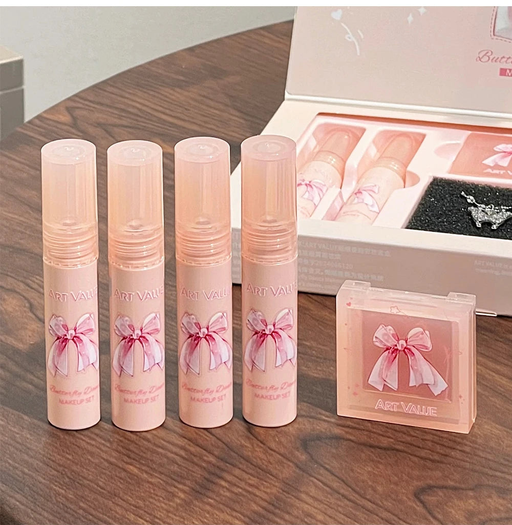 6Pcs/Box Matte Lipstick Set Lips Makeup Velvet Nude Lip Gloss Moisturizing Lip Glaze Face Blush Palette Makeup Set Necklace Gift
