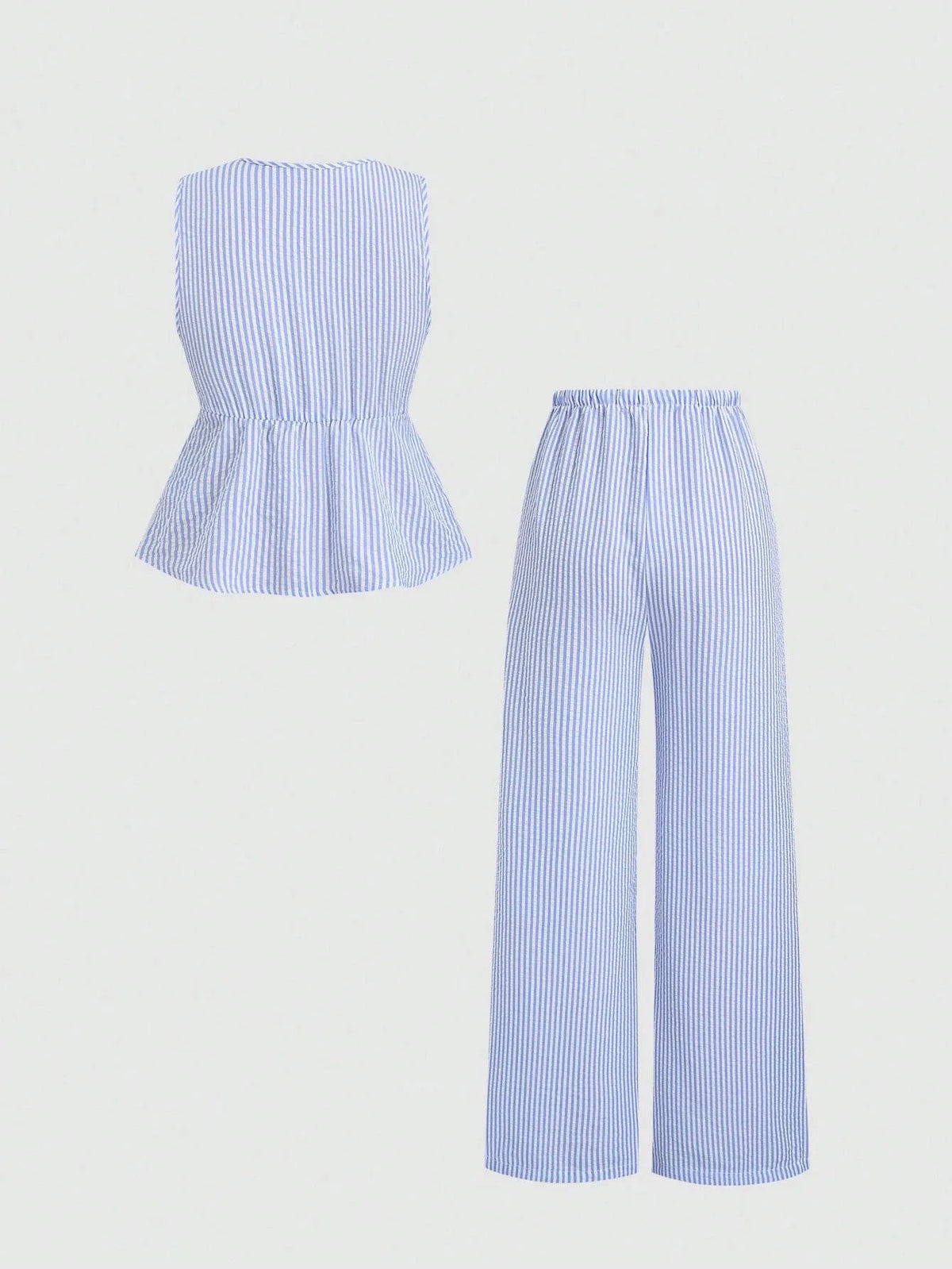 Striped New Two Piece Set Summer V Neck Lace Up Sleeveless Blouse High Waist Wide Leg Pants Sets  Casual Solid Women Sets