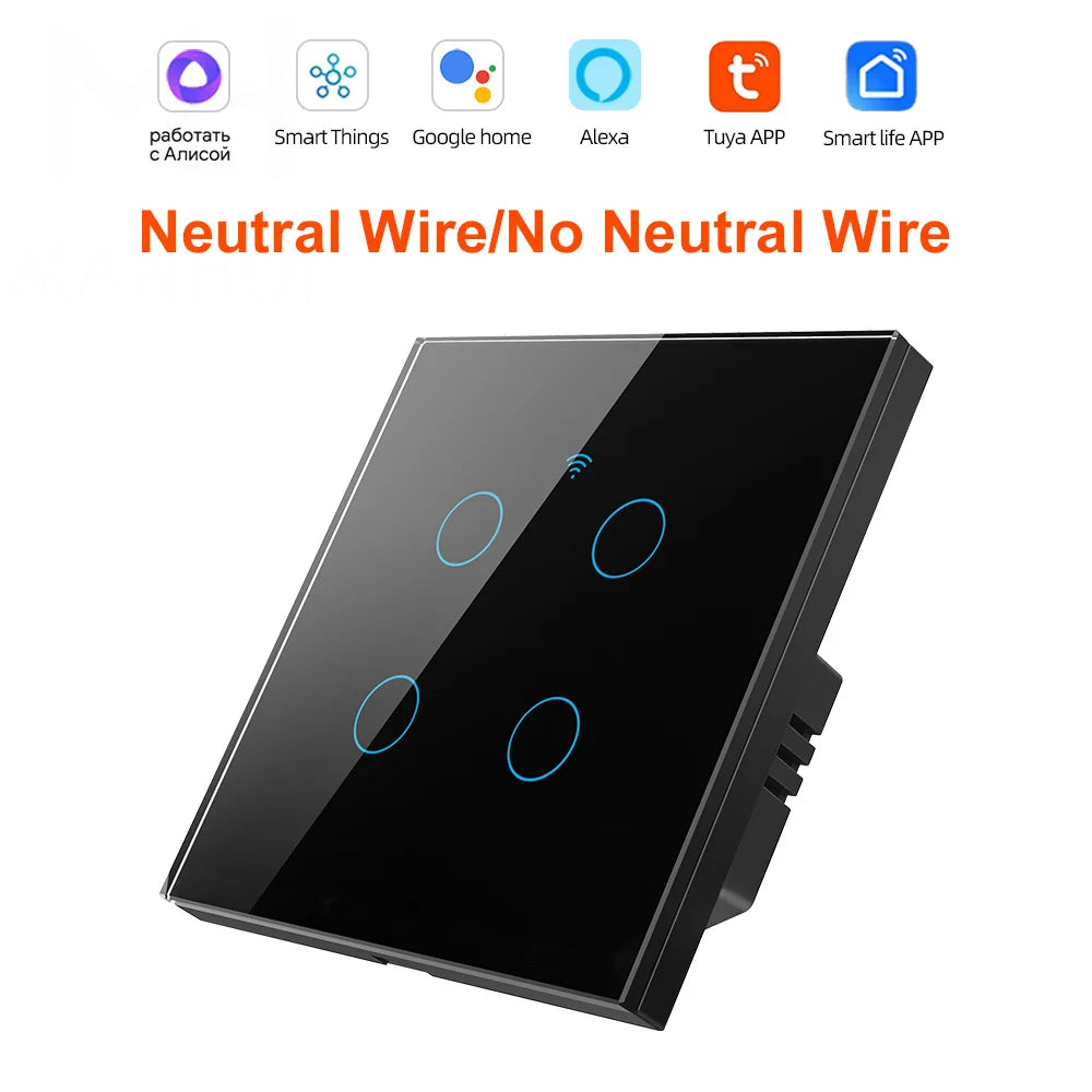 Smart EU Touch Sensor Switch Switches LED Crystal Glass Panel Wall Lamp Light Switch 1/2/3/4Gang No Neutral Wire APP Control