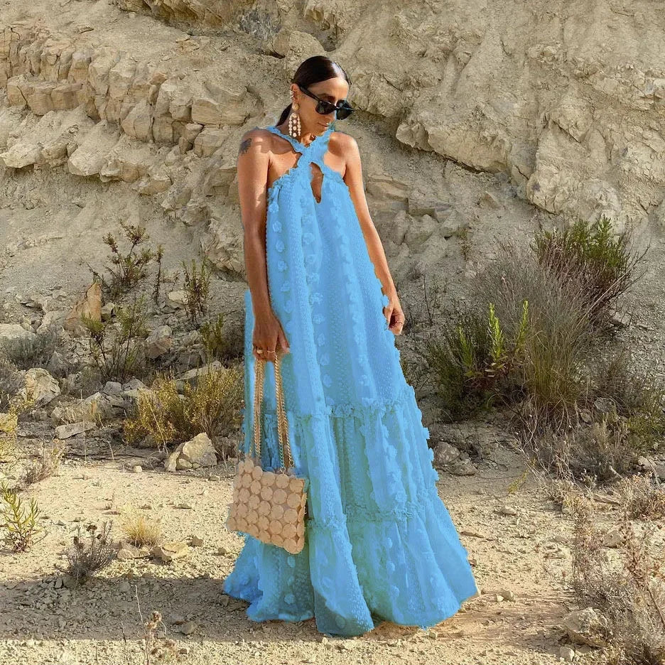 Sleeveless Halter Maxi Summer Dress for Women Fashion Ruffle Beach Long Robe 2025 Elegant Slip Holiday Hollow Out Sundress
