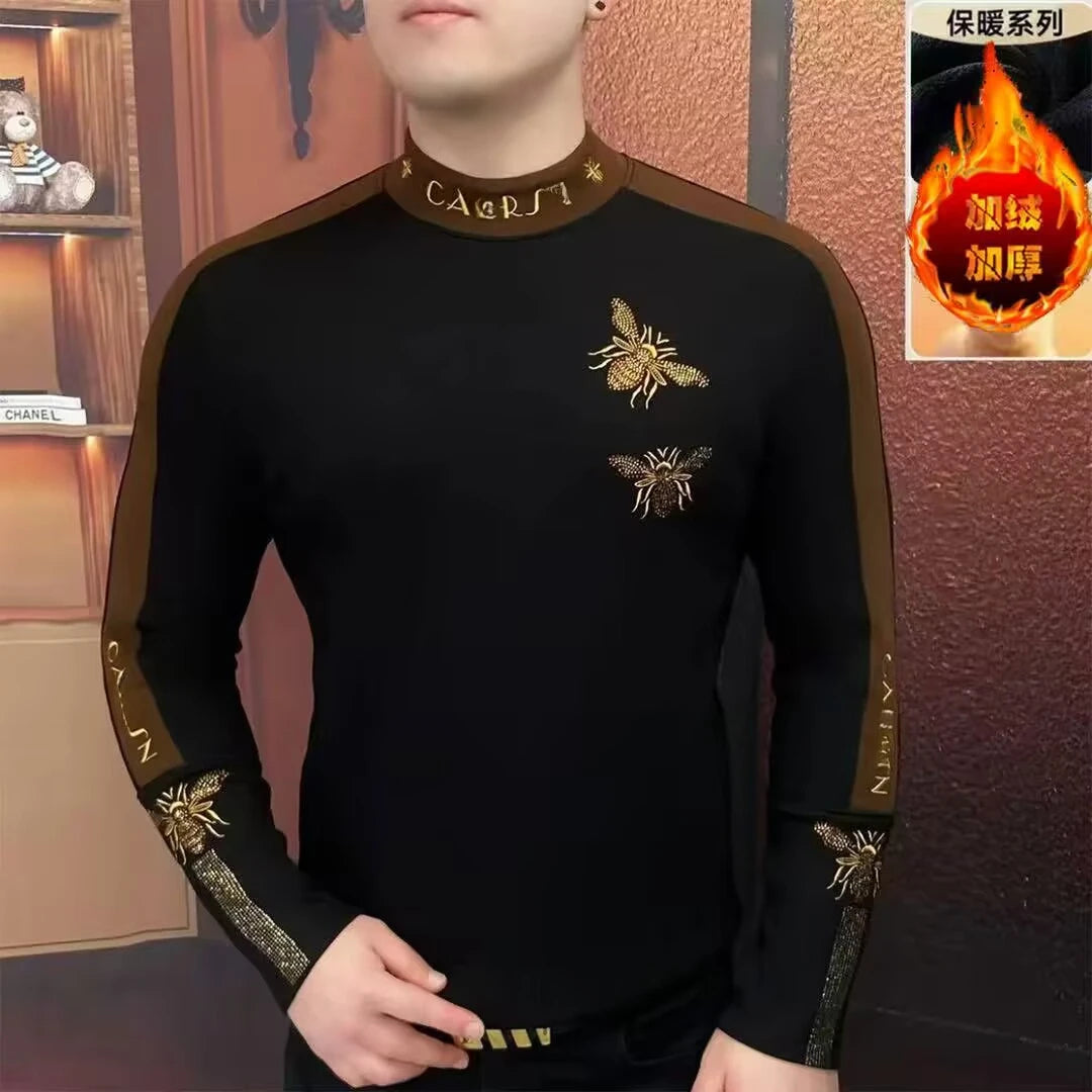Winter Luxury Bee Embroidered T-shirt for Men Long Sleeve Thick and Warm Tshirts Casual Business T-shirts Streetwear Tee Tops