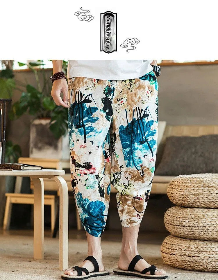 Men's Casual Cotton Linen Seven-Foot Pants Summer plus Size Lantern Loose Fit Shorts Harlan Style Comfortable Breathable Leis...
