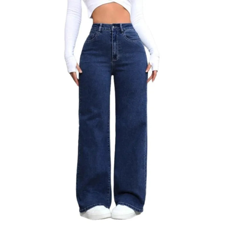 High-Waisted Straight-Leg Jeans Women's Pants Loose Fit American Blue Washed Fashion with Front & Back Pockets Daily Casual Wear