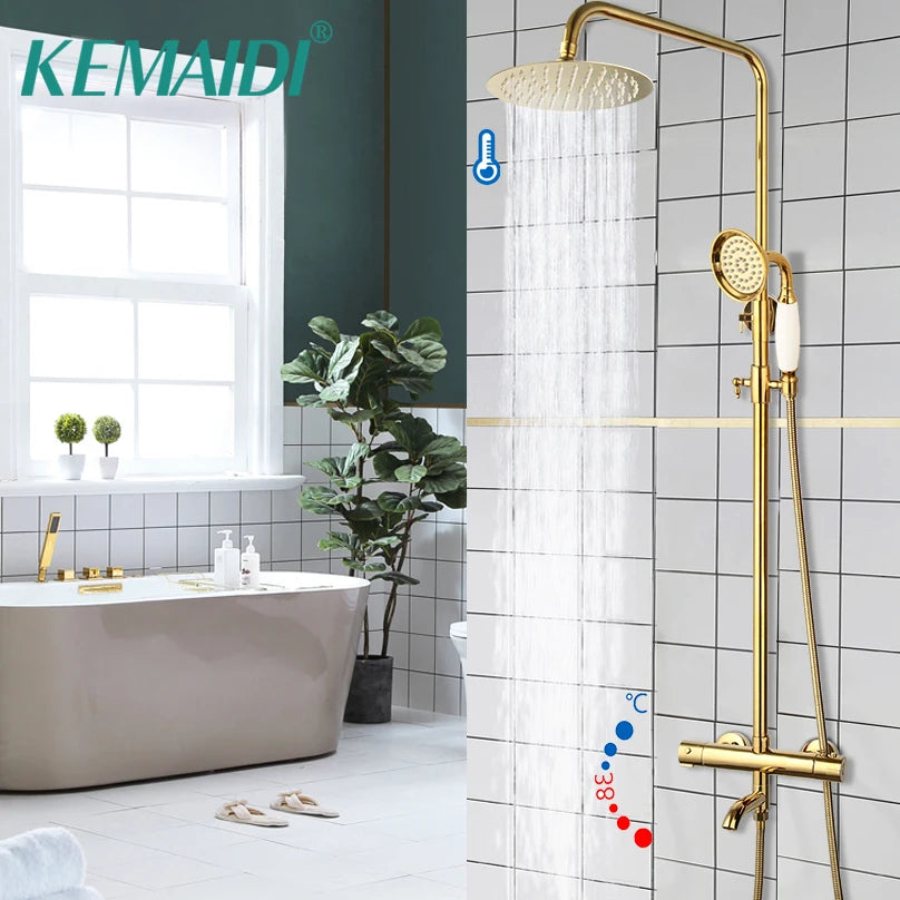 KEMAIDI Bathroom Thermostatic Bathtub Shower Faucet Golden Plated  Rainfall 3 Ways Shower Head Mixer Shower Faucets Set