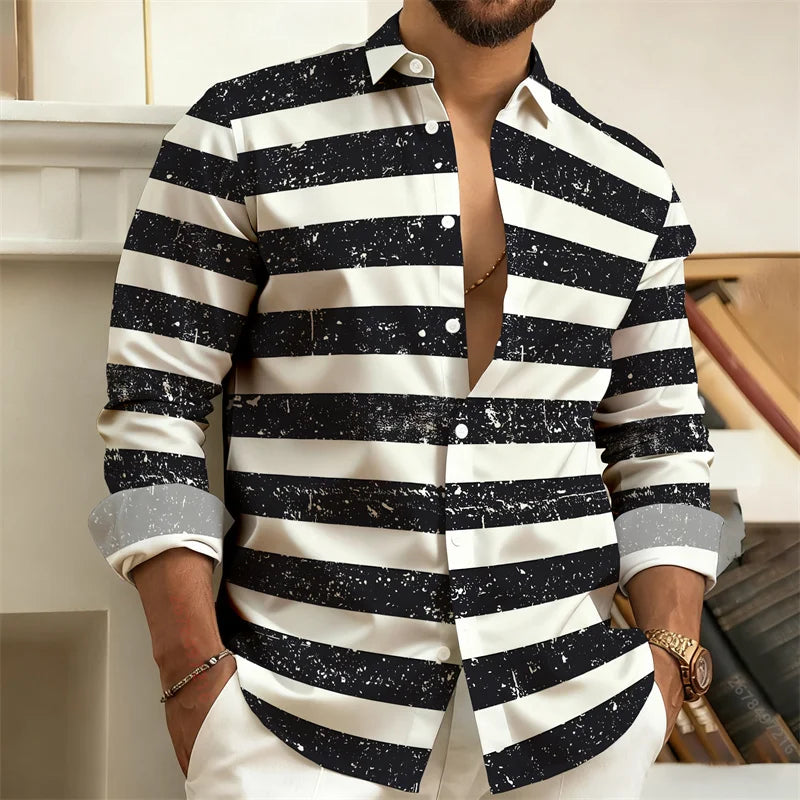 Men's Striped Long-Sleeved Shirt, Outdoor Street Style Casual Shirt for Men, Fashionable Lapel Men's Top, Comfortable Fabric.