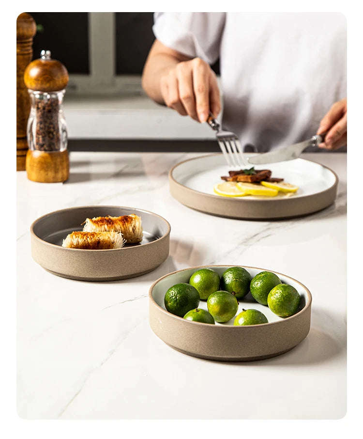 Retro Japanese Style Ceramic Bowl Set for Home Use round Shape Dinnerware Tray Dumpling Soup Noodle Bowl Matte Finish Utensils