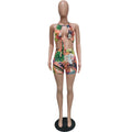 Women Rompers Outfit Halter Neck Cutout Crop Top Tie Front High Waist Biker Shorts Tie-Dye Design Summer Beach Short Jumpsuit