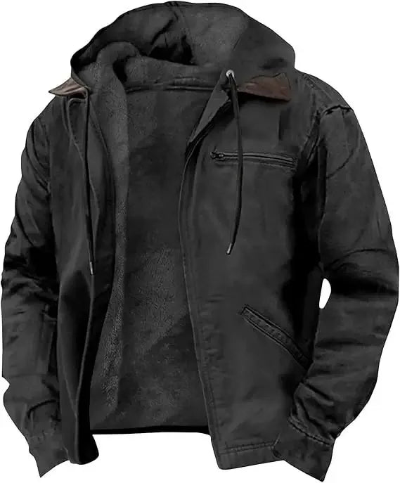 Men's Autumn Winter Casual Hooded Zipper Solid Fleece-lined Warm Jackets Male Multi Pockets Outdoor Hoodies Coats Outerwear