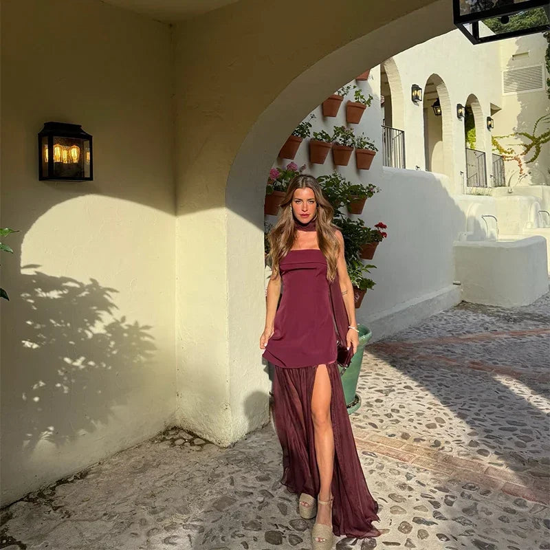 Boho Chic Elegant Mesh Patchwork Sling Dress Sexy Loose Sleeveless Split Scarf Long Dress Female 2026 New Party Evening Dresses