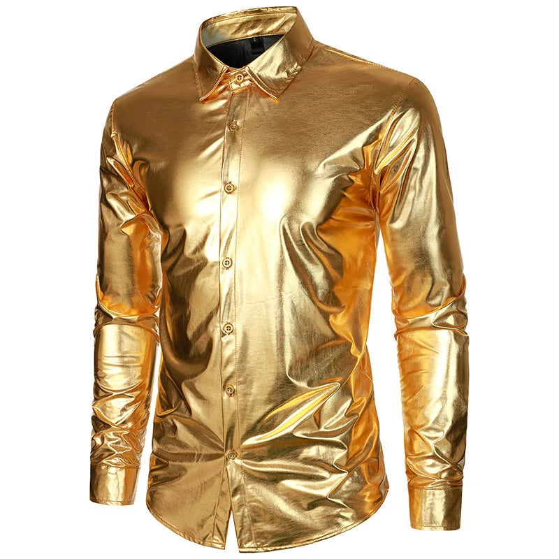 Men's Retro Gold Glossy Shirt American Casual Fashion Performance Shirts Solid Color Gorgeous Nightclub Male Shiny Tops