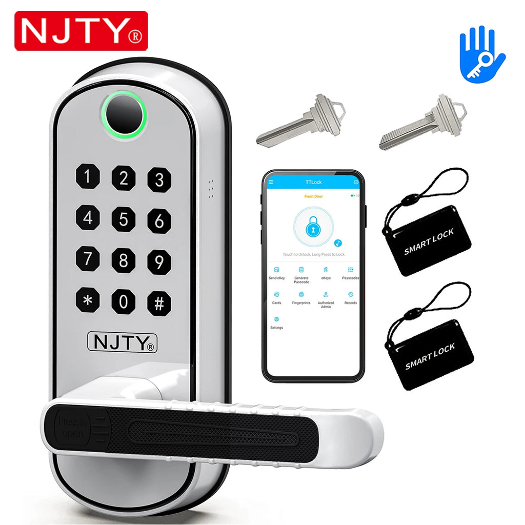 NJTY Fingerprint Door Lock Unlock by Fingerprint/Card/App/Password/NFC/Key Anti-Theft Electronic Door Lock for Bedroom/Outside