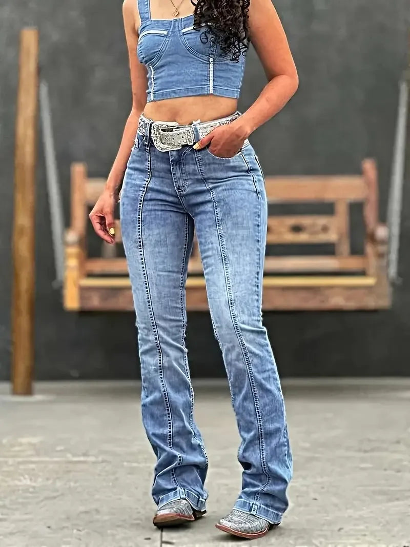 【HME】Jeans | Vertical Seam Accent Denim Pants, High Waisted Slim Flare Bootcut Denim, Soft Light Wash Fabric, Classic Western Design, Versatile Pants For Women’s Casual Outfits