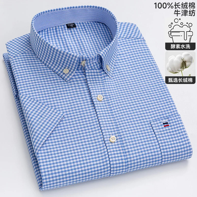 New 100% Cotton Oxford Men's Shirts Short Sleeve Plaid Soft Regular Fit Formal Dress Shirt Social Blouse Male Clothes 6XL 7XL