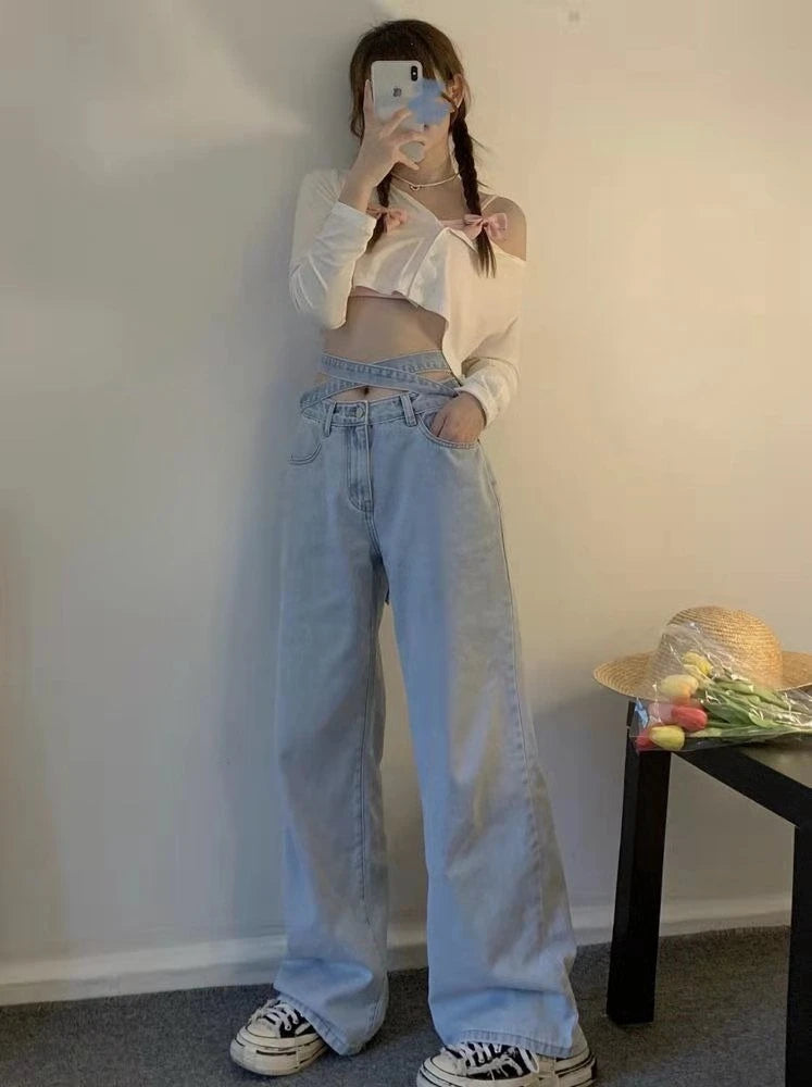 Women's High Waist Baggy Jeans Korean Trendy Loose Wide Leg Denim Pants with Ankle Ties Flowy Floor Length Streetwear