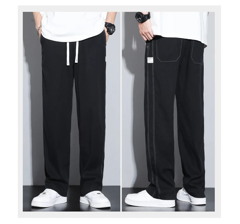 Summer Soft Lyocell Fabric Men's Jeans Thin Loose Straight Pants Drawstring Elastic Waist Korea Casual Trousers Plus Size M-5XL
