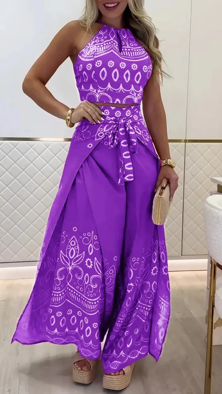 Summer New Fashion Printed Casual Loose Suit Literary Retro Sleeveless Halter Top Wide-leg Pants Commuting Two-piece Sets