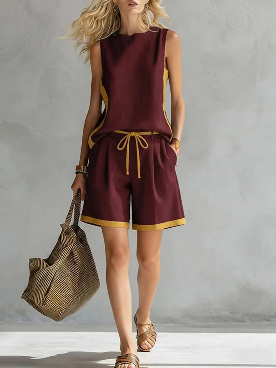 Women Color Block Sleeveless Tank Top Drawstring Shorts Two Piece Set Casual Loose Summer Outfit